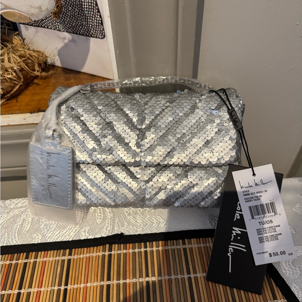 Nicole Miller silver sequin bag